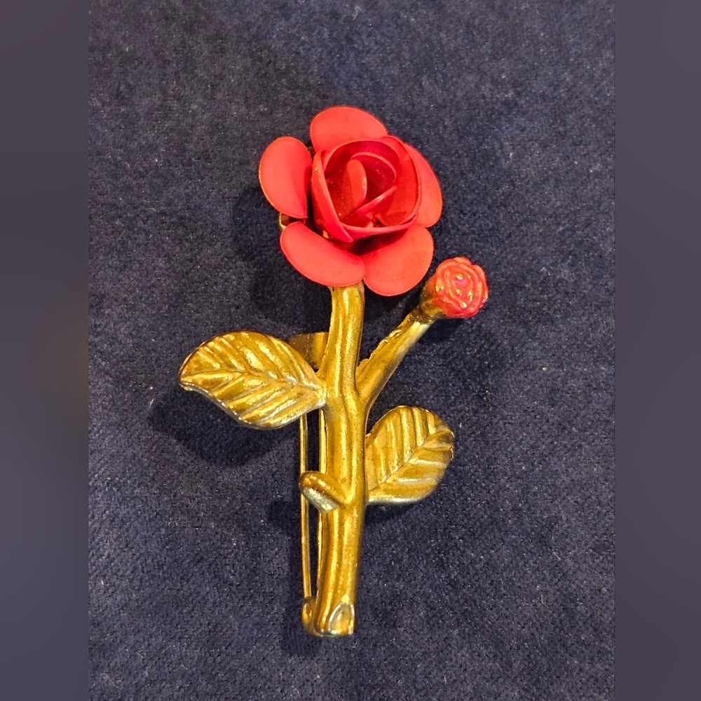 Red Rose Brass Stem Vintage Brooch Pin  Subtle Delicate